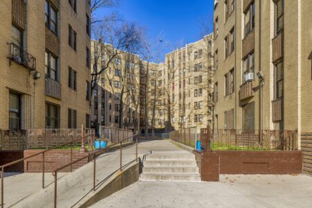 Noonan Plaza Apartments, designed by Horace Ginsbern and Marvin Fine, are Art Deco landmarks in the Highbridge section of The Bronx.